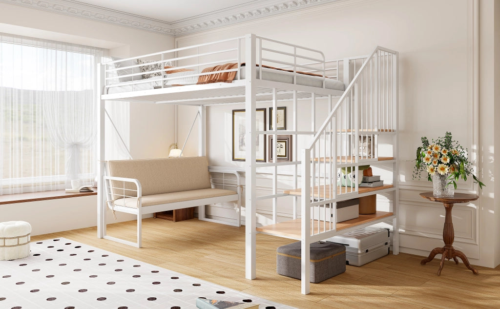 DESMIU Letto a castello 140 × 200 cm 3 posti con scala contenitore e divano sfoderabile, senza materasso, bianco