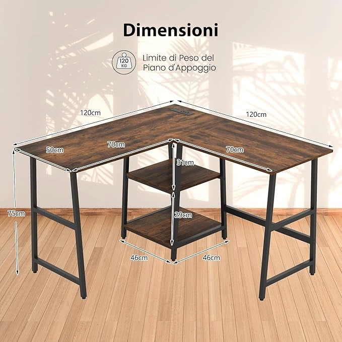 Scrivania Angolare da 120 CM, Scrivania a L per Ufficio a Casa con Prese di Corrente e Porte USB, Postazione di Lavoro con Ripiani per Lavoro, Gaming e Studio (Marrone)