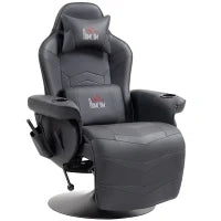 Poltrona da Gaming, Funzione Massaggiante, Schienale Inclinabile, Poggiapiedi, fino a 120 kg, Telaio in Acciaio, Ecopelle, Nero