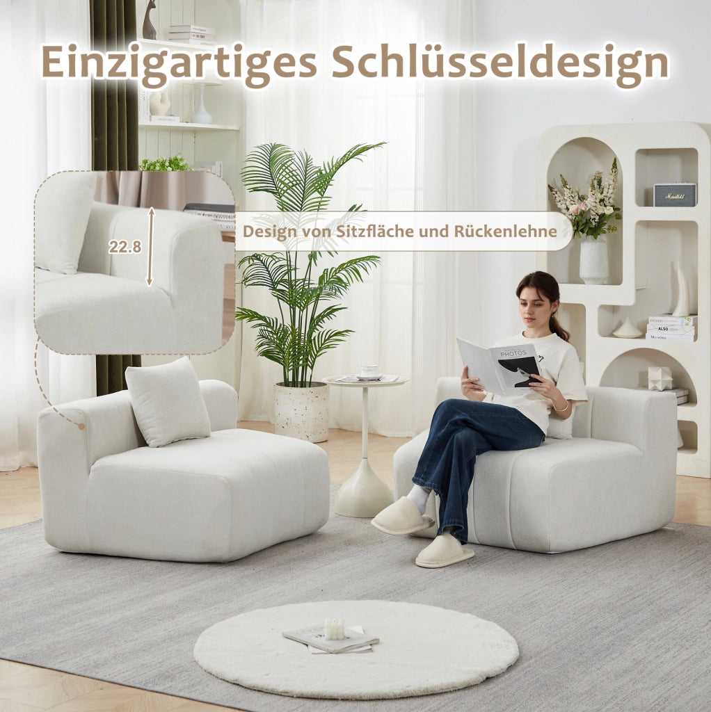 Modulo divano curvo modulare in ciniglia beige con 2 cuscini