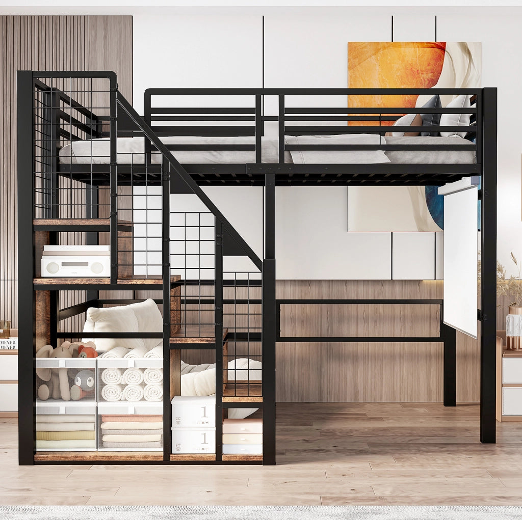 Letto a soppalco singolo 90x200 cm in metallo nero con scala e vano contenitore