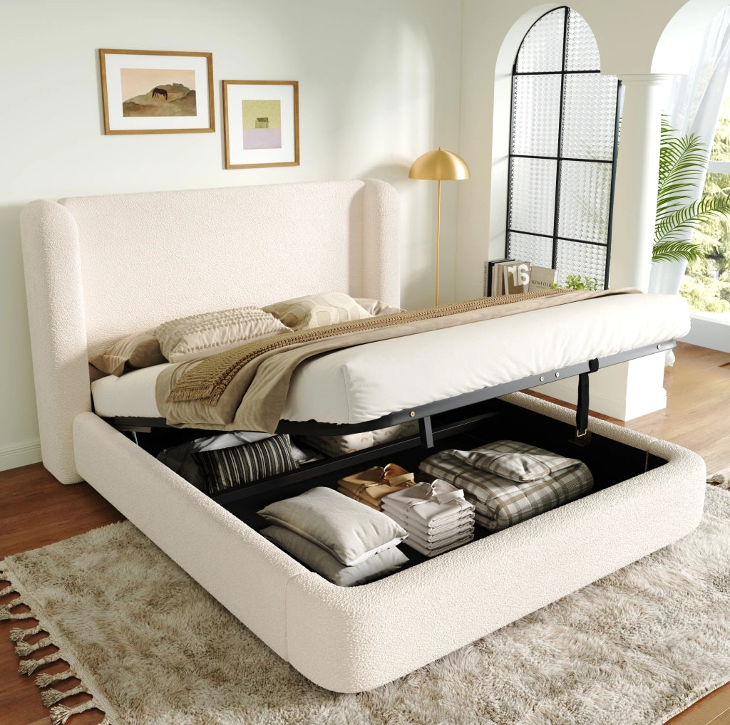 Letto matrimoniale contenitore in bouclé beige con rete 160x200