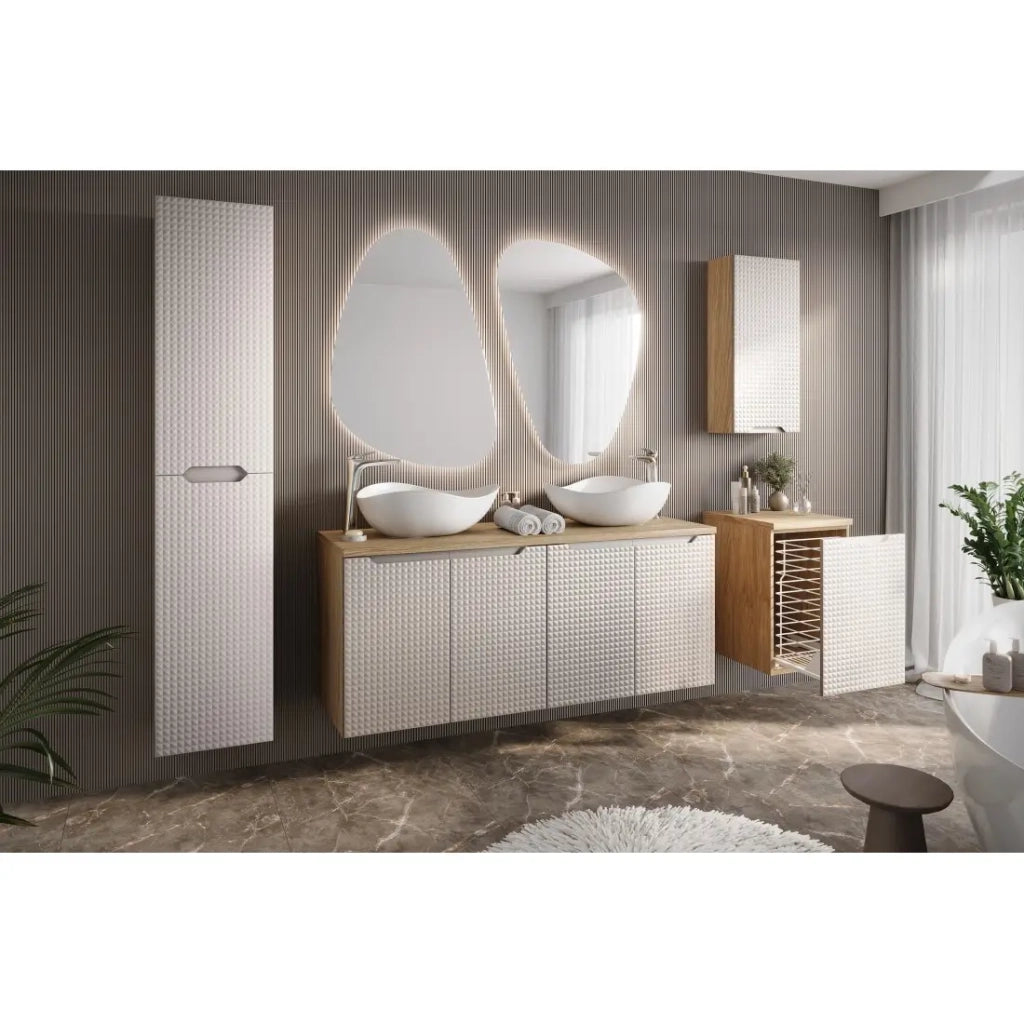 Mobile da bagno VELNIA – 1 porta – 35 x 19 cm – Colori rovere chiaro e beige – Da appendere