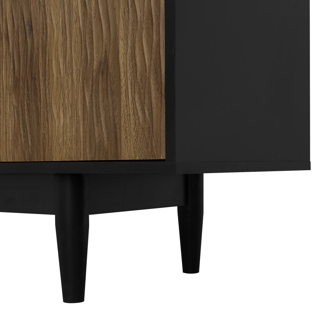 Mobile porta TV con 2 ante e 3 cassetti, pannelli effetto onda, gambe in legno, nero e legno 180 × 38 × 50 cm