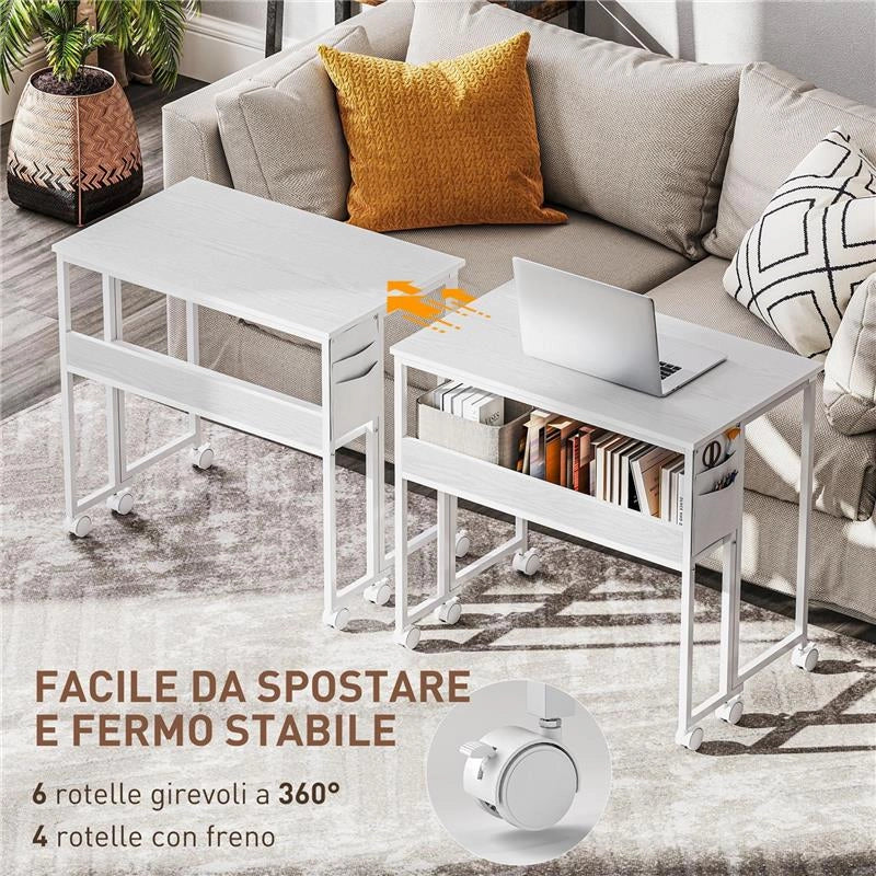 SCRIVANIA PIEGHEVOLE SALVASPAZIO A RIBALTA CON SCAFFALE, TASCA PORTAOGGETTI E RUOTE, BIANCO