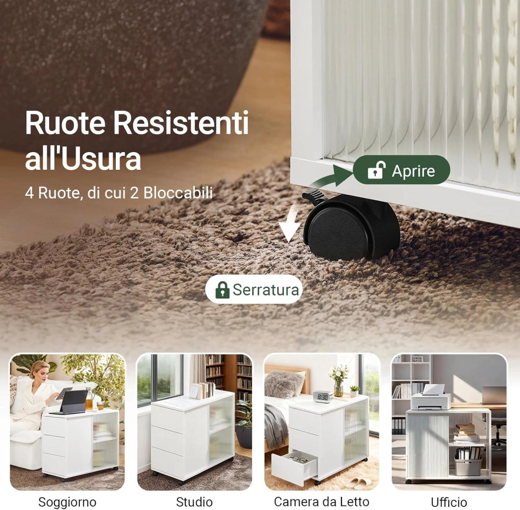 Mobiletto con Rotelle, Comodino con 3 Cassetti e 2 Ante a Vetro, Tavolino Moderno Multifunzione per Soggiorno, Camera da Letto, Bianco 70x35x61 cm FBT141-W