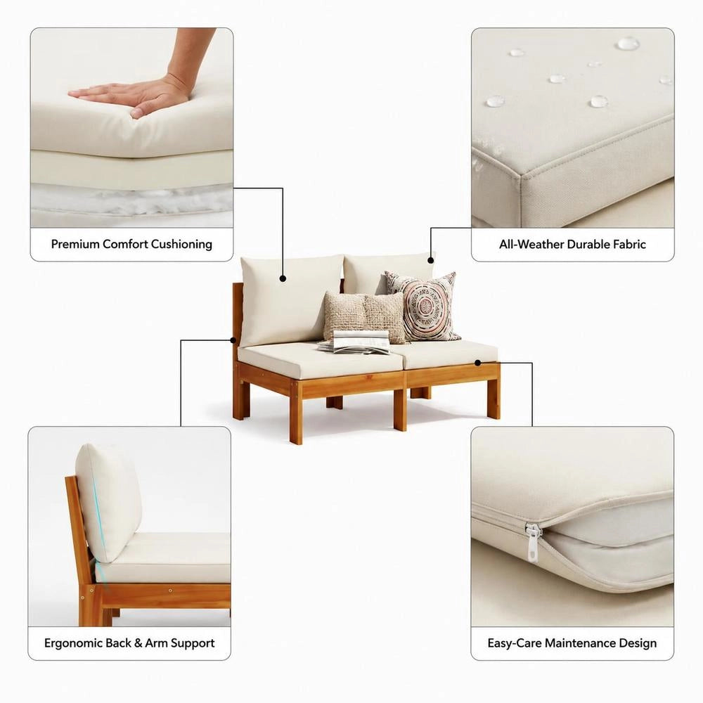 Garden Sofa Without Armrests With Cushions, 2-seater, Solid Acacia Wood