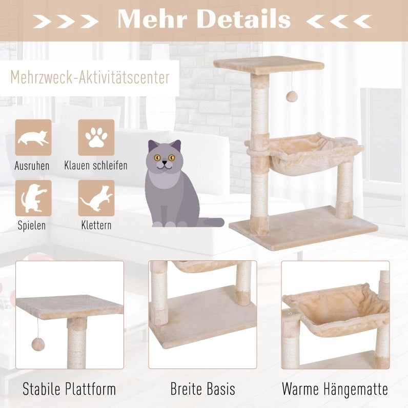 Tiragraffi per gatti beige con amaca e piattaforma, 70 cm