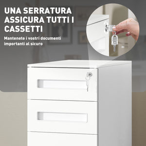 Cassettiera Schedario Portadocumenti 30x43,5x60 cm a 5 Ruote in Acciaio Bianco