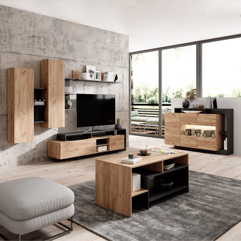 Mobile Soggiorno Kamotiba, Parete Attrezzata Modulabile, Marrone Rovere