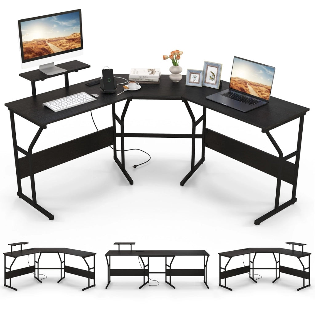 Scrivania ad angolo a forma di L con presa elettrica, Scrivania per computer con supporto monitor movibile da 225cm Nero-Scrivanie