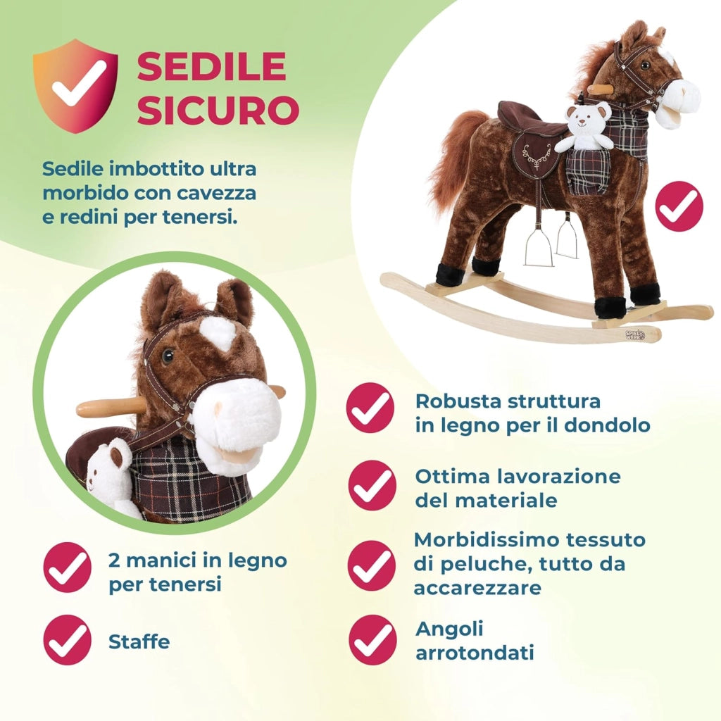 DEUBA® Cavallo Peluche a Dondolo in Legno con Suoni Animale a dondolo Giochi Infanzia Gioco Bambini Giocattolo Regalo