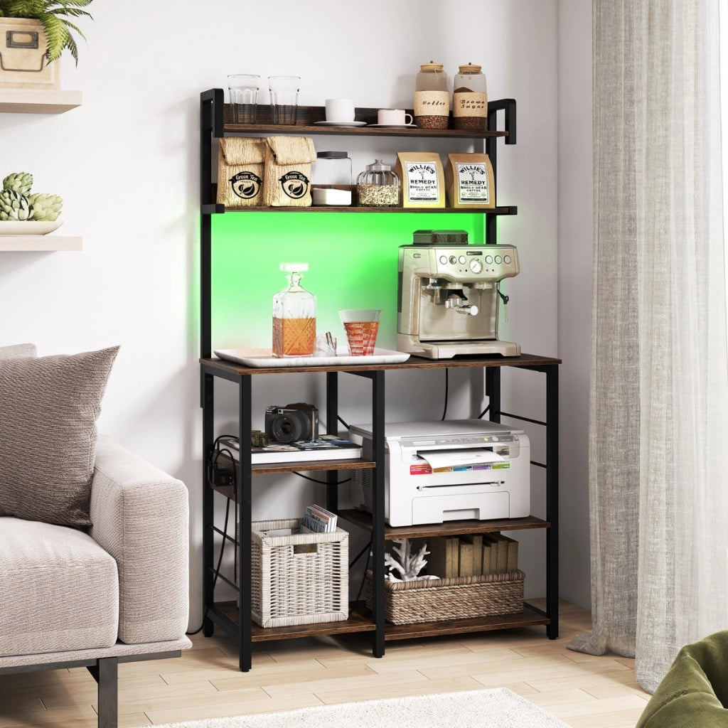 Supporto per forno a microonde a 5 ripiani con luci LED per sala da pranzo-Scaffale da cucina con presa di corrente Marrone