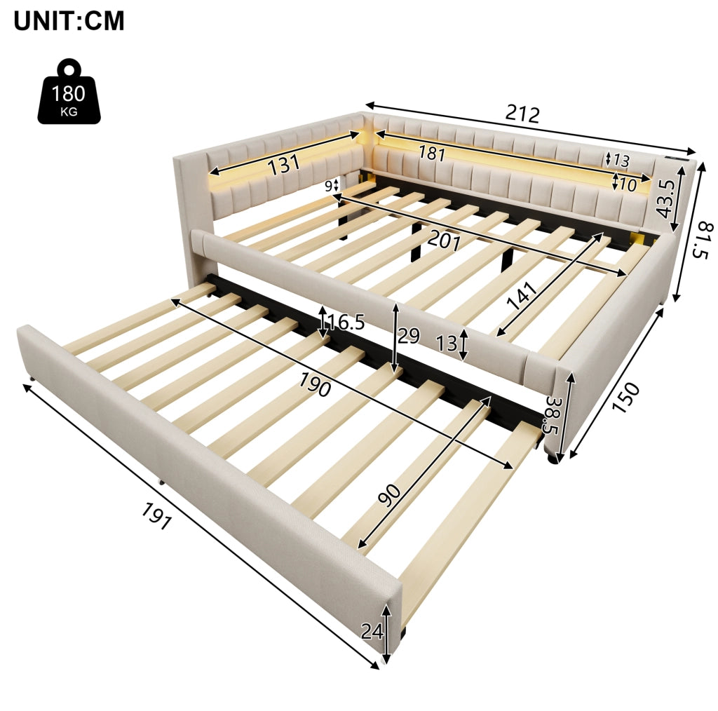 Letto daybed imbottito con LED, letto estraibile e porte USB + Type-C