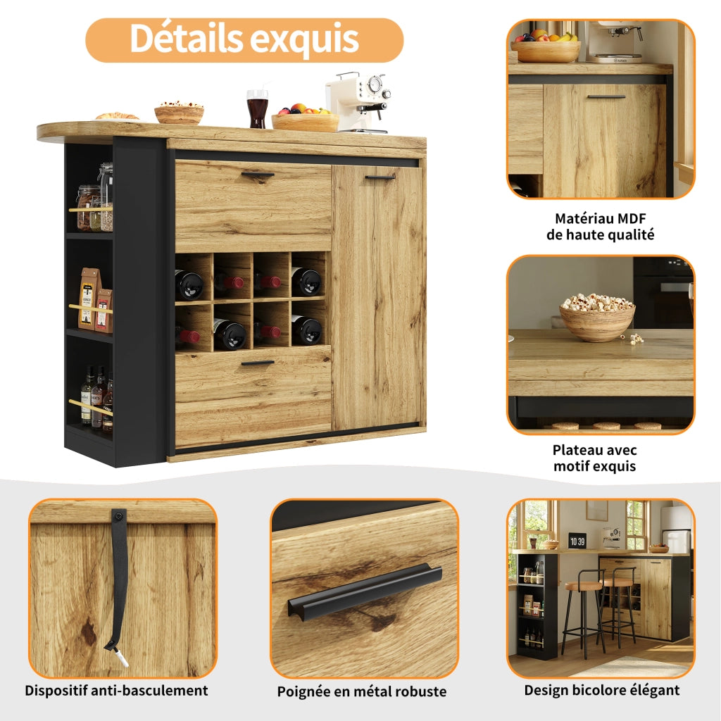 Tavolo da Pranzo Allungabile con 2 Cassetti; Portabottiglie e Ripiani Aperti in MDF e Metallo; Legno