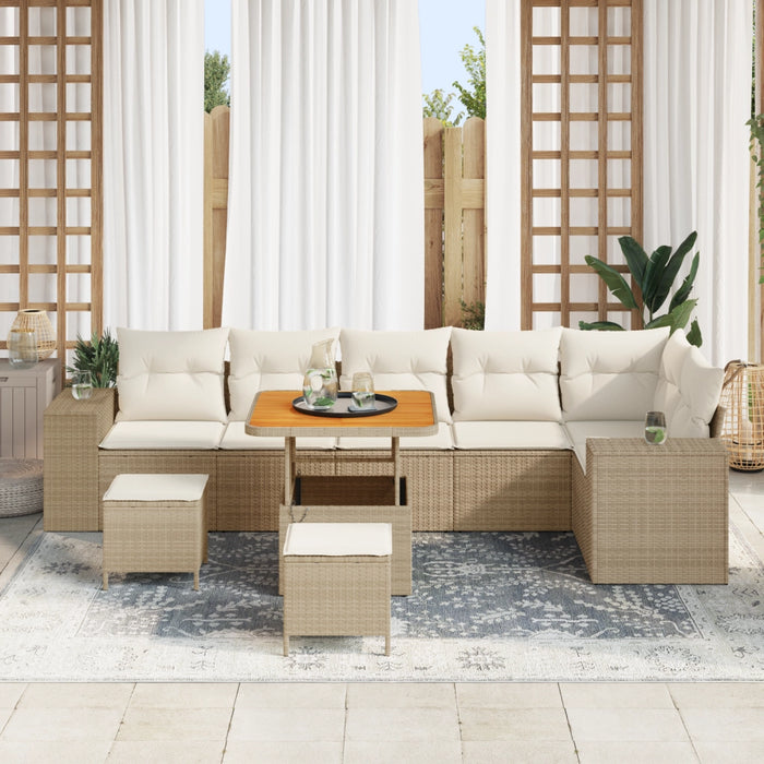 Set Divano Giardino 9 Pezzi con Cuscini Polyrattan Beige Acacia