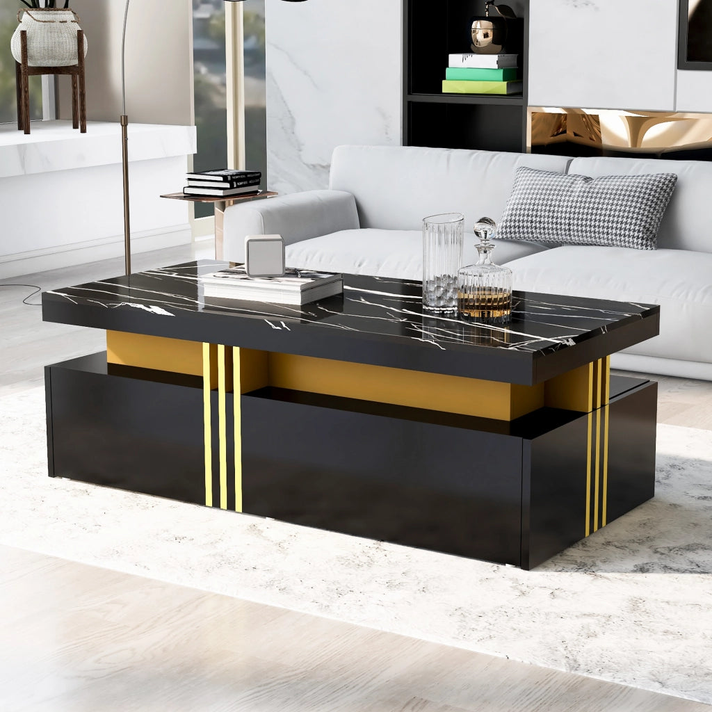 Tavolino da caffè 100x50x40 cm; 2 cassetti e piano effetto marmo; truciolato; nero