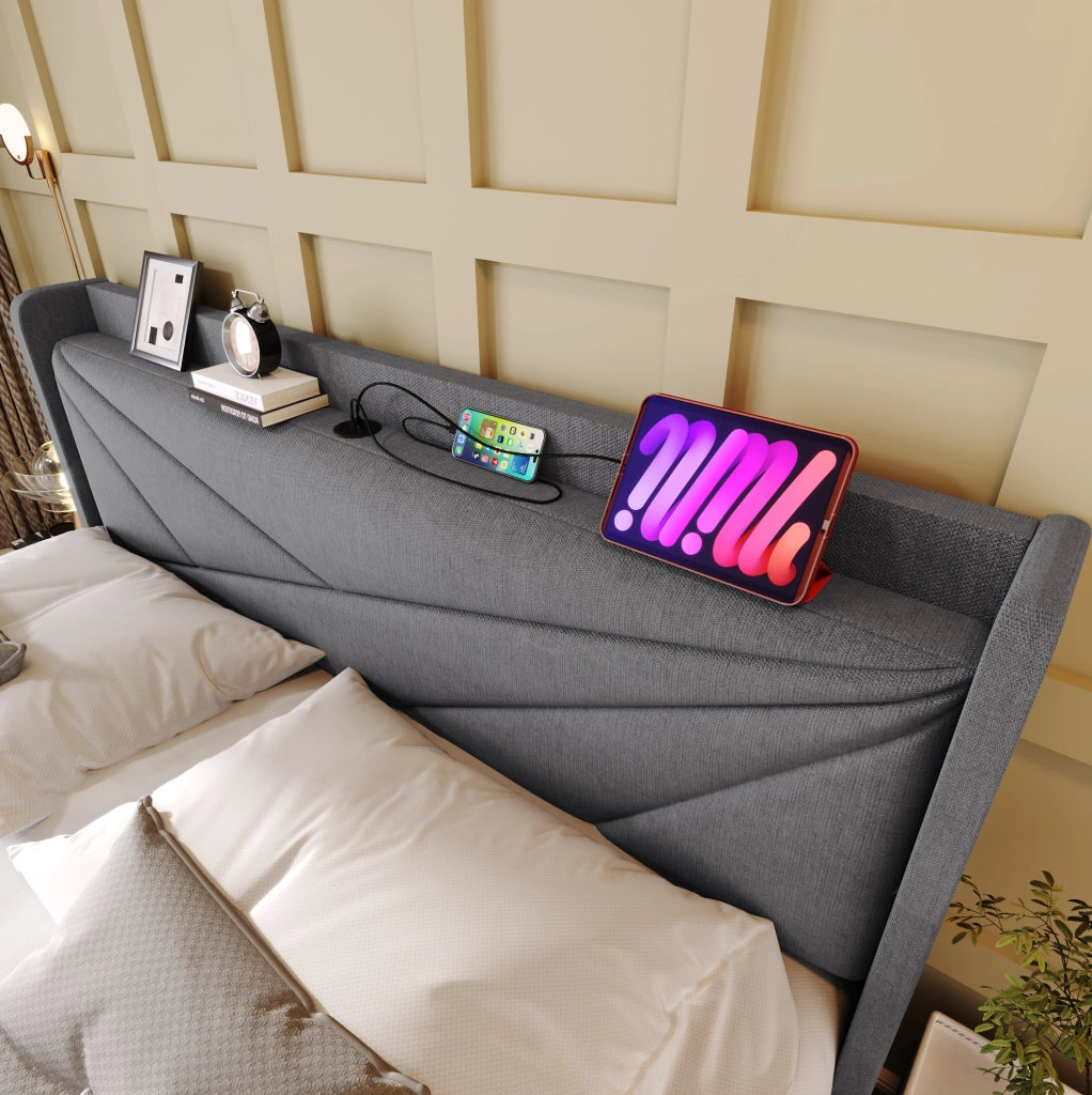 Letto matrimoniale imbottito 140x200 cm grigio con contenitore; USB e Type-C; struttura in metallo e cotone lino