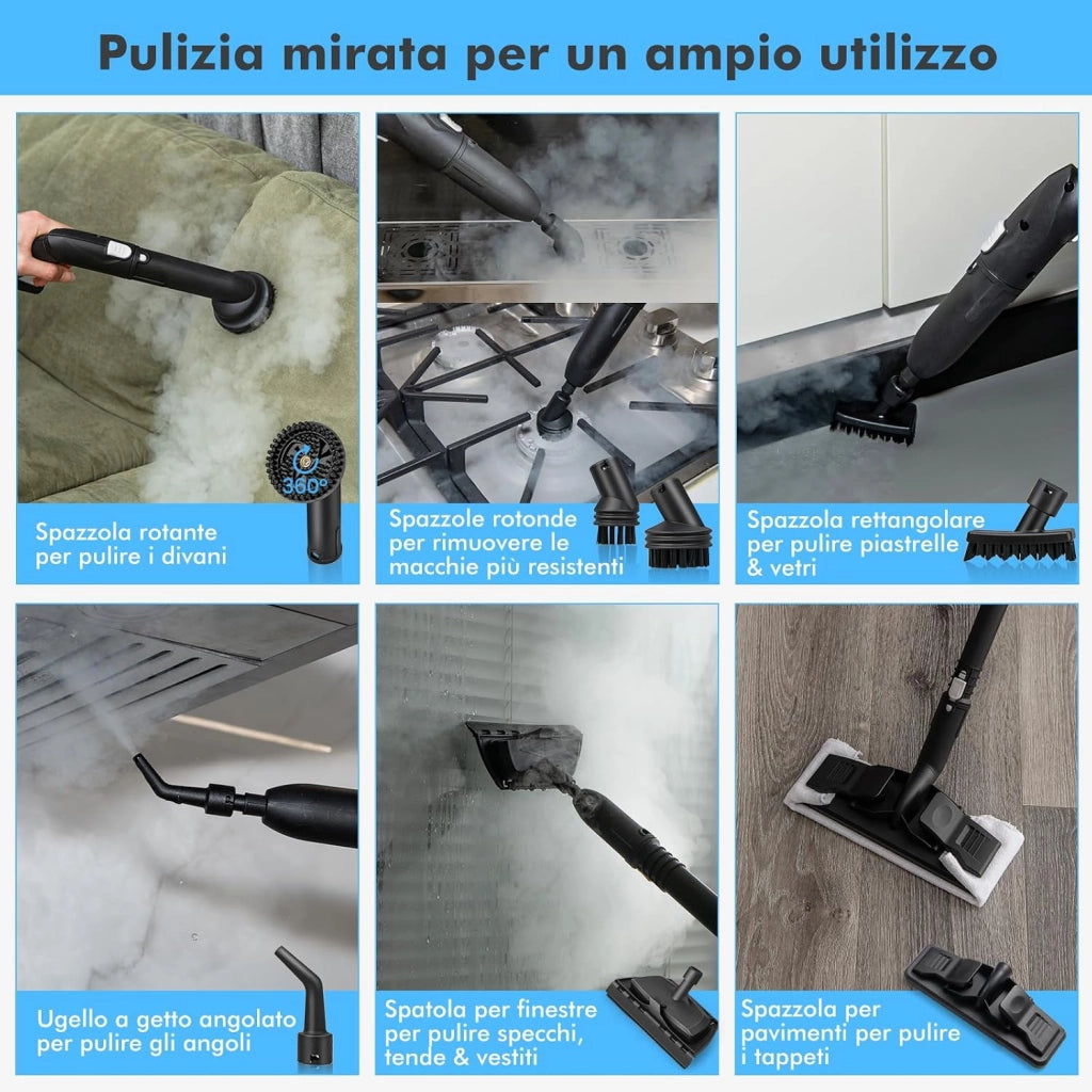 2000W Pulitore a Vapore, Macchina per Pulizia Rotante con 13 Accessori, Capacità d'Acqua di 1,8L, Macchina a Vapore Multiuso per Tappeti Finestre Vetri e Tende (Bianco)