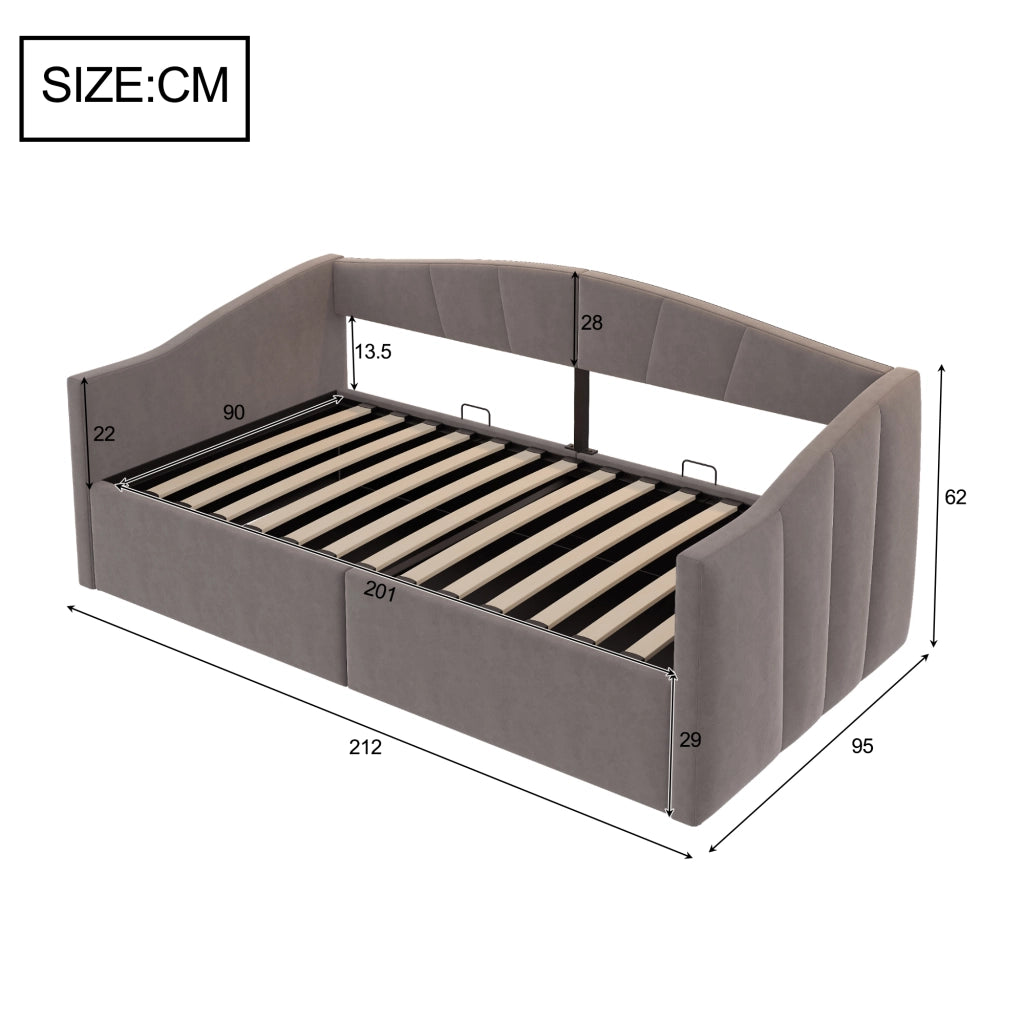 OKWISH Letto Divano 90×200 cm, Letto Singolo con Contenitore Idraulico, Testiera e Braccioli, senza Materasso, in Velluto, Grigio
