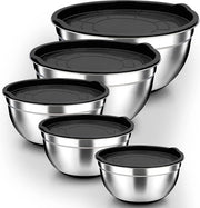 Set di contenitori in acciaio inossidabile, 5 pezzi, con coperchio nero e fondo in silicone, multifunzionale, stivabile, resistente al lavastoviglie, 6,6 l / 3,5 l / 2,5 l / 1,5 l / 1 l