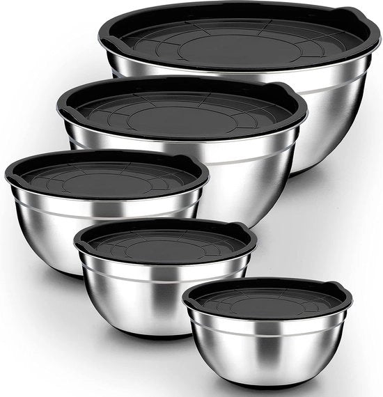 Set di contenitori in acciaio inossidabile, 5 pezzi, con coperchio nero e fondo in silicone, multifunzionale, stivabile, resistente al lavastoviglie, 6,6 l / 3,5 l / 2,5 l / 1,5 l / 1 l