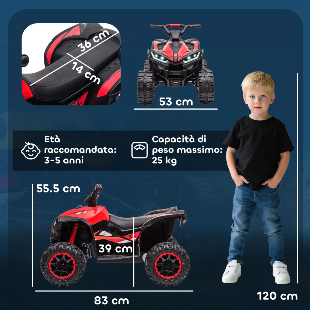 Quad Elettrico per Bambini 12V, 2 Velocit¨¤, Ruote Larghe con Clacson e Fari LED, Et¨¤ 3-5 Anni, Rosso
