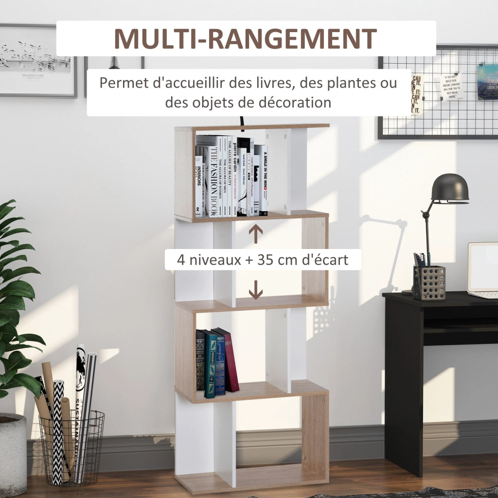 Libreria 4 livelli a S ¨C zephmum ¨C legno naturale e bianco 60x24x148