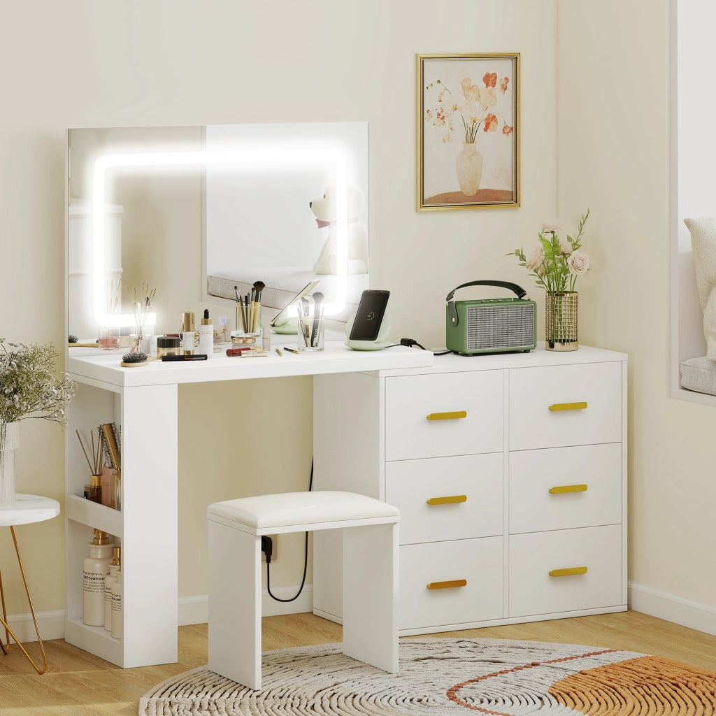 Scrivania trucco con specchio e sgabello ¨C Xylo ¨C LED regolabile, 6 cassetti, bianco, 118x78x135 cm