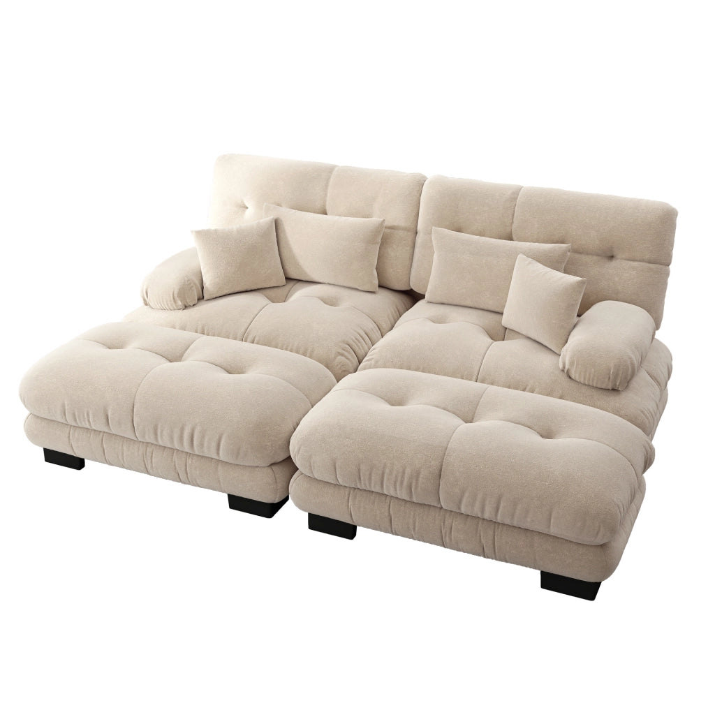 Divano modulare in ciniglia color caffè chiaro con 2 pouf; 2 cuscini lombari e 2 cuscini decorativi