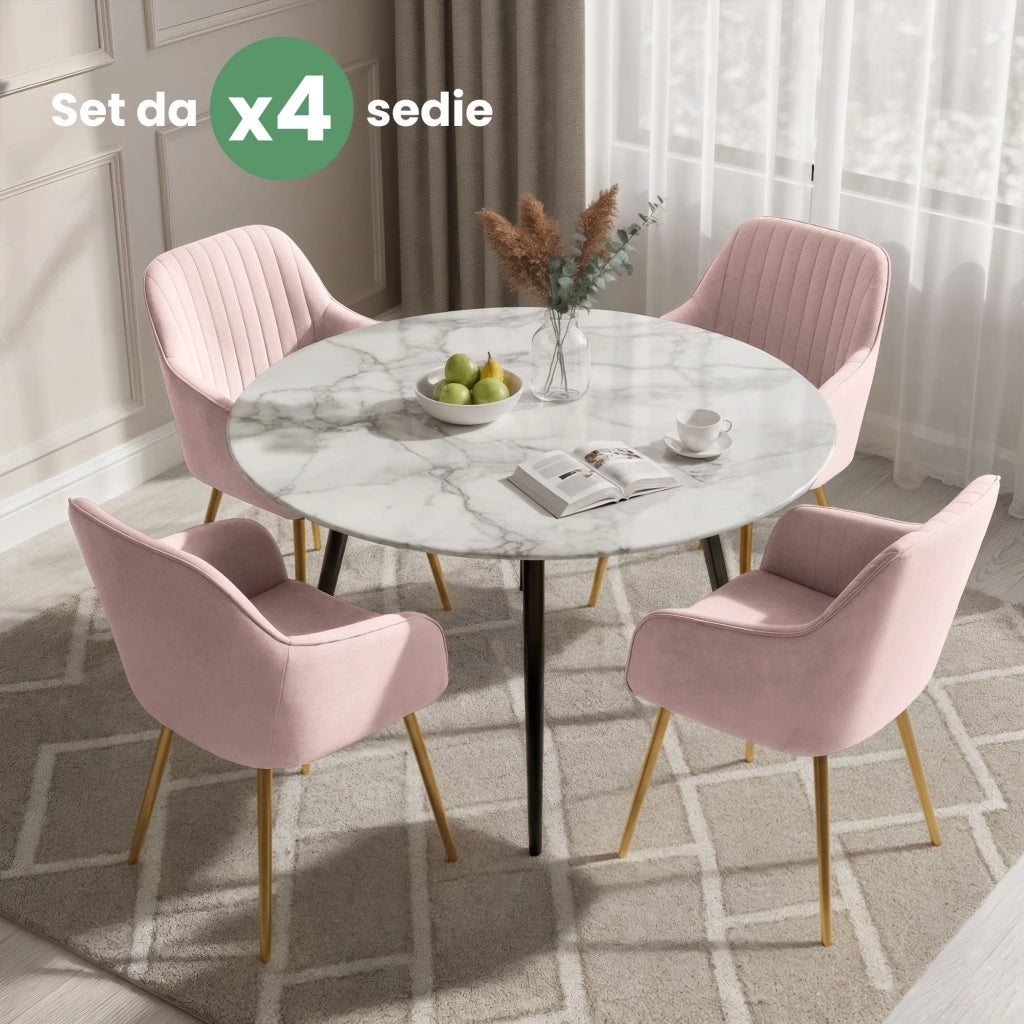 Set di 4 Sedie in velluto con cuciture verticali FLORENCE Rosa Cipria gambe oro