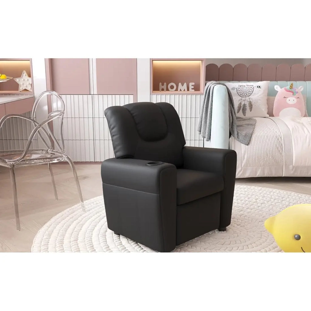Mini poltrona relax ITCHI reclinabile manualmente in materiale PU di colore nero.