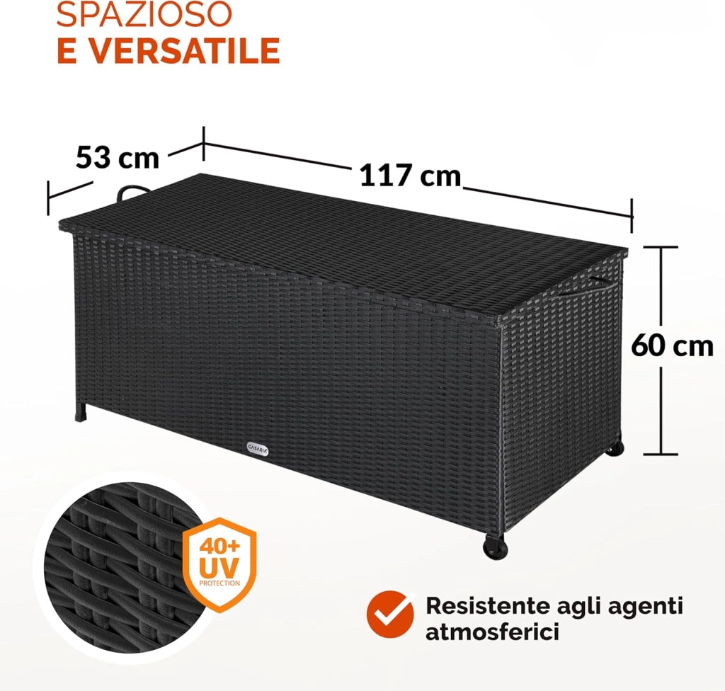 ® Baule da Esterno XXL 117x53x60cm 270L Box con Ruote Impermeabile Resistente Cassettone Contenitore Cuscini Giocatoli Mobili Giardino Bauli