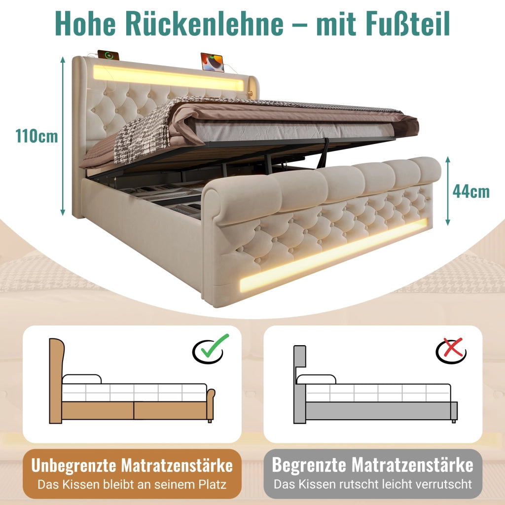 LETTO Contenitore 140x200 cm in Velluto Beige con LED e materasso incluso
