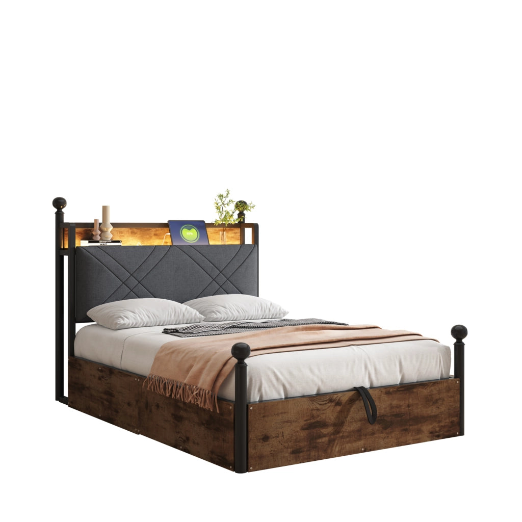 Letto singolo 90x190 cm con baldacchino removibile; contenitore idraulico; LED; USB; nero