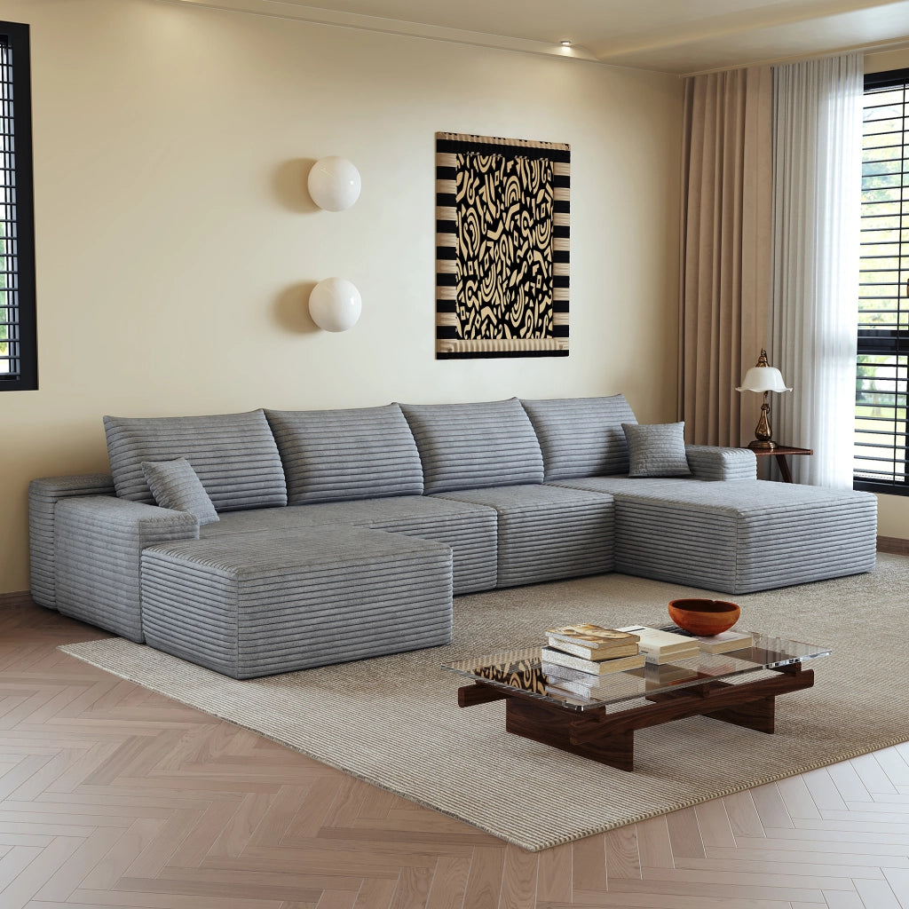 Divano angolare modulare in tessuto a coste con chaise longue e schiuma ad alta elasticità per soggiorno grigio