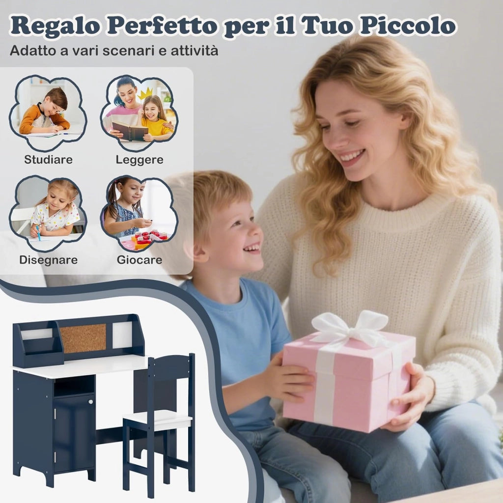 Set Scrivania e Sedia per Bambini 3+ Anni per Studio e Lettura, Blu | Banco Scuola con Sedia Ergonomica, Lavagna Bianca, Pennarello, Armadietto e Bacheca, Postazione Computer per Cameretta