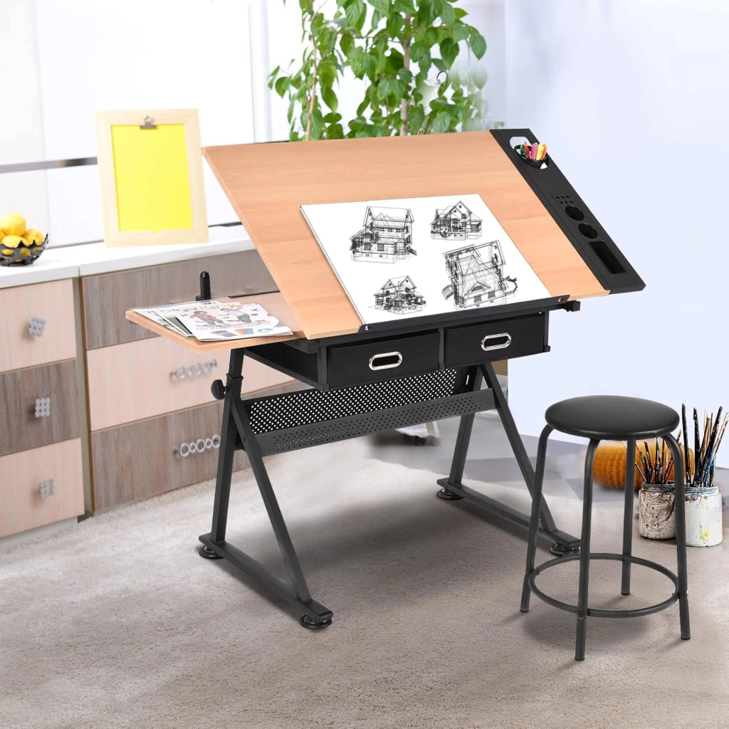 Tavolo da Disegno con Sgabello, Tavolo Architettonico Regolabile in Altezza e Inclinabile, Scrivania Tavolo da Lavoro con Cassetti e Doppie Superfici di Lavoro per Caratteri (Naturale)