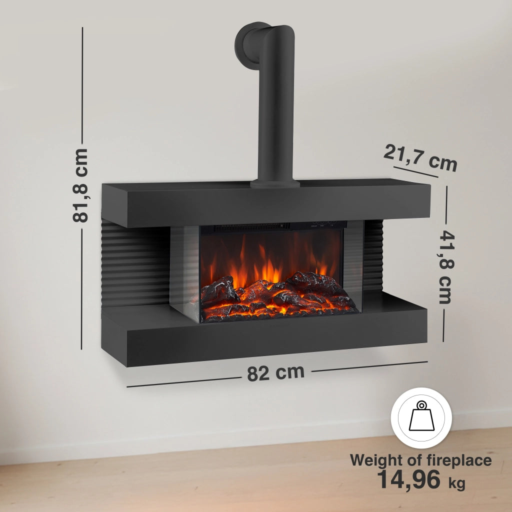 KAMINIO Camino elettrico LIZ con tubo del camino - Camino da parete con riscaldamento, fiamma 3D, luce ambiente a LED, telecomando - Nero