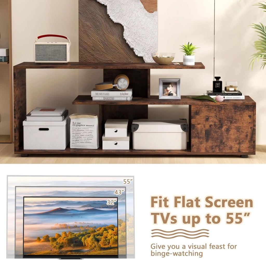 Mobile TV per TV fino a 55 pollici, Panca TV a 3 livelli con armadio a porta, tavolo TV con gambe regolabili, 152 x 38 x 58,5 cm, per soggiorno camera da letto e ufficio (industriale)