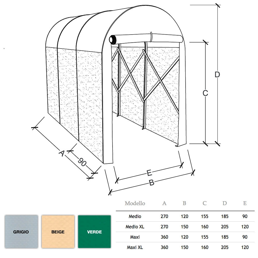 Motobox a Tunnel Copertura Box in PVC 360x120xh155 cm per Moto Scooter Grigio