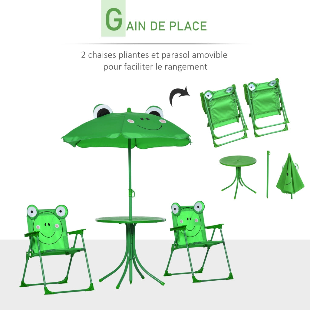 Set giardino per bambini 4 pezzi ¨C zephmum ¨C tavolino rotondo + 2 sedie pieghevoli + ombrellone, verde, metallo