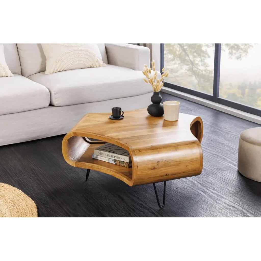 Tavolino basso NERA 90 cm in legno massiccio di acacia con nicchia e gambe in metallo nero – stile retrò industriale