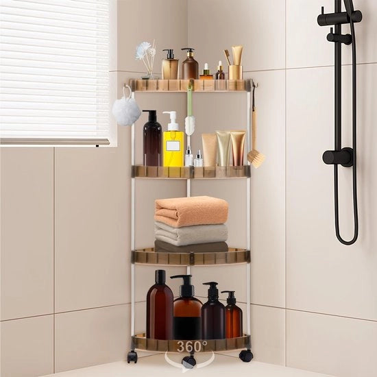Carrello a 4 livelli per la zona bagno, tavolo doccia senza perforazione con 10 ganci, piastra doccia angolare in piedi con ruote 360° bloccabili, organizzatore per doccia su ruote per zona bagno con posto per shampoo, gel doccia
