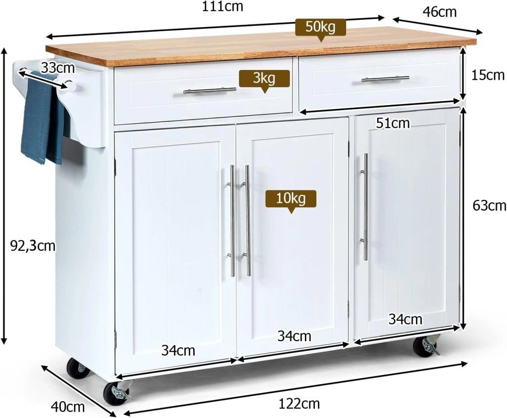 Carrello Portaoggetti con Ruote con 2 Freni, Isola Cucina in Rovere Massiccio, Mobiletto da Pranzo con Portaspezie e Portasciugamani, per Soggiorno, 111,5 x 46 x 93 cm, In 2 Pacchi (Bianco)