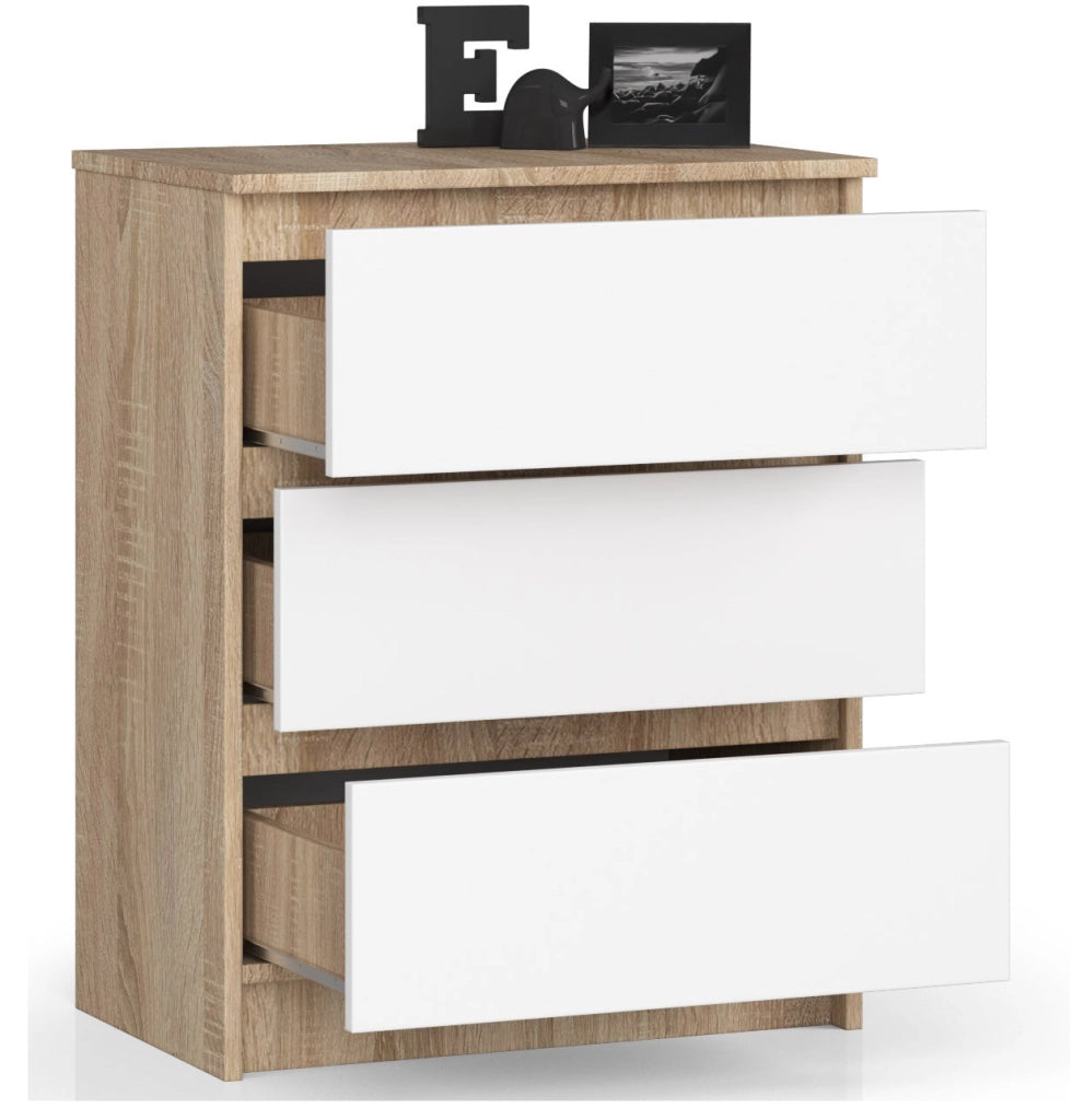 Cassettiera AKORD K60 Cassettiera Sonoma Quercia 60 cm 3 cassetti inserto frontale Bianco 60x40x77 cm