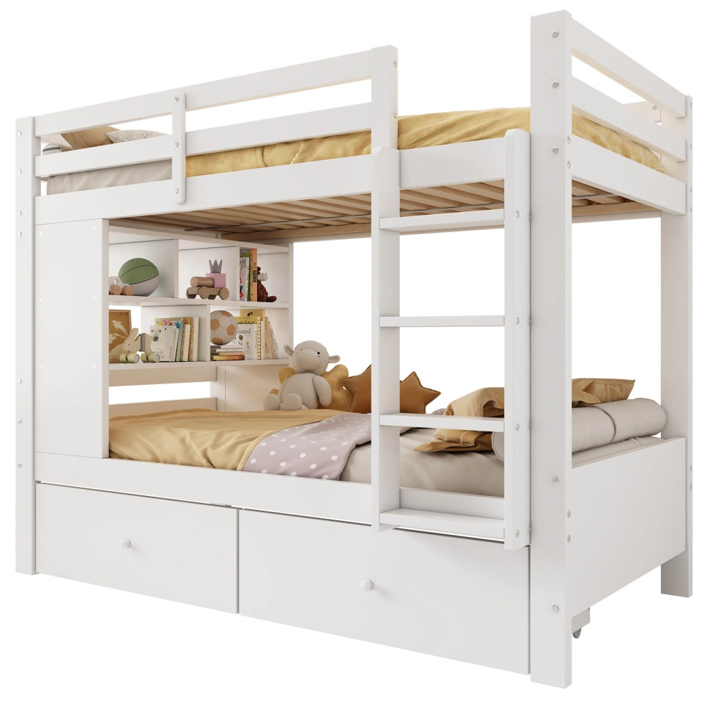 Letto a castello bianco 90x200 cm in legno con cassetti e ripiano