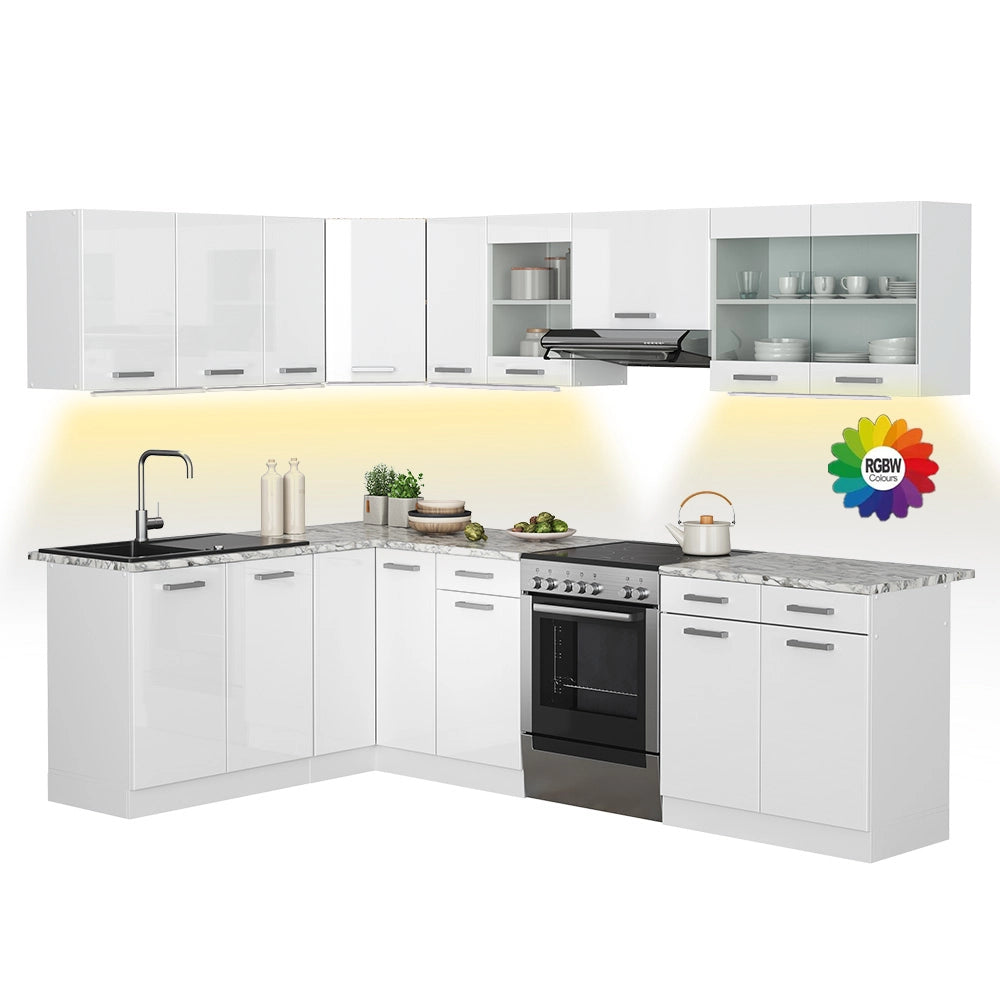 Vicco Cucina ad angolo Bianco/bianco lucido 267 x 167 cm , PL Marmo con striscia LED
