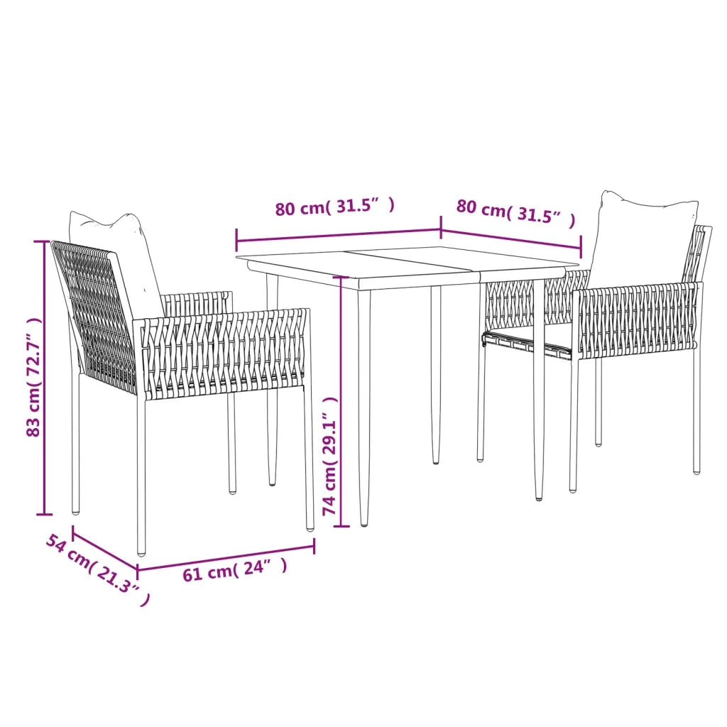 Set Pranzo da Giardino 3pz con Cuscini in Polyrattan e Acciaio 3187049