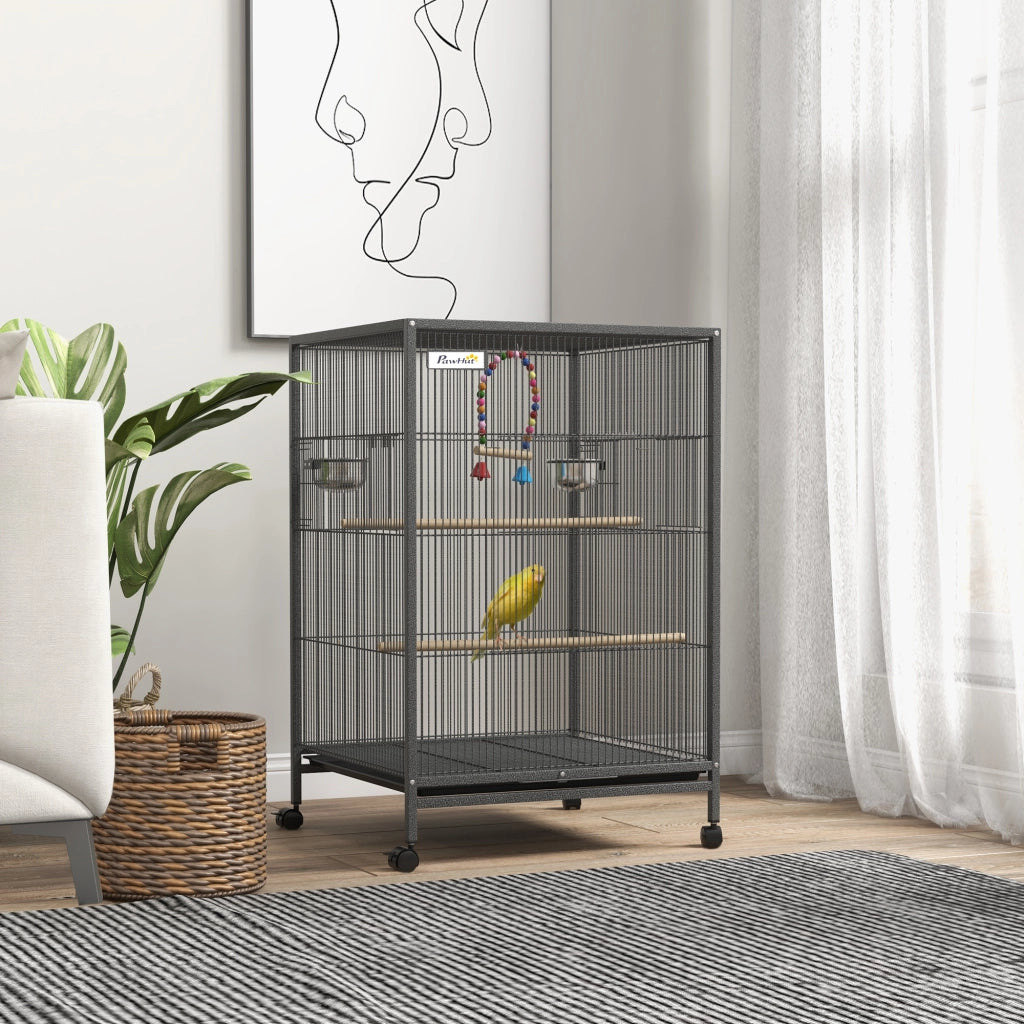 EasyComfort Gabbia per Uccelli in Acciaio e PP con 5 Porte, 2 Posatoi e Vassoio Estraibile, 48x46x74 cm, Grigio